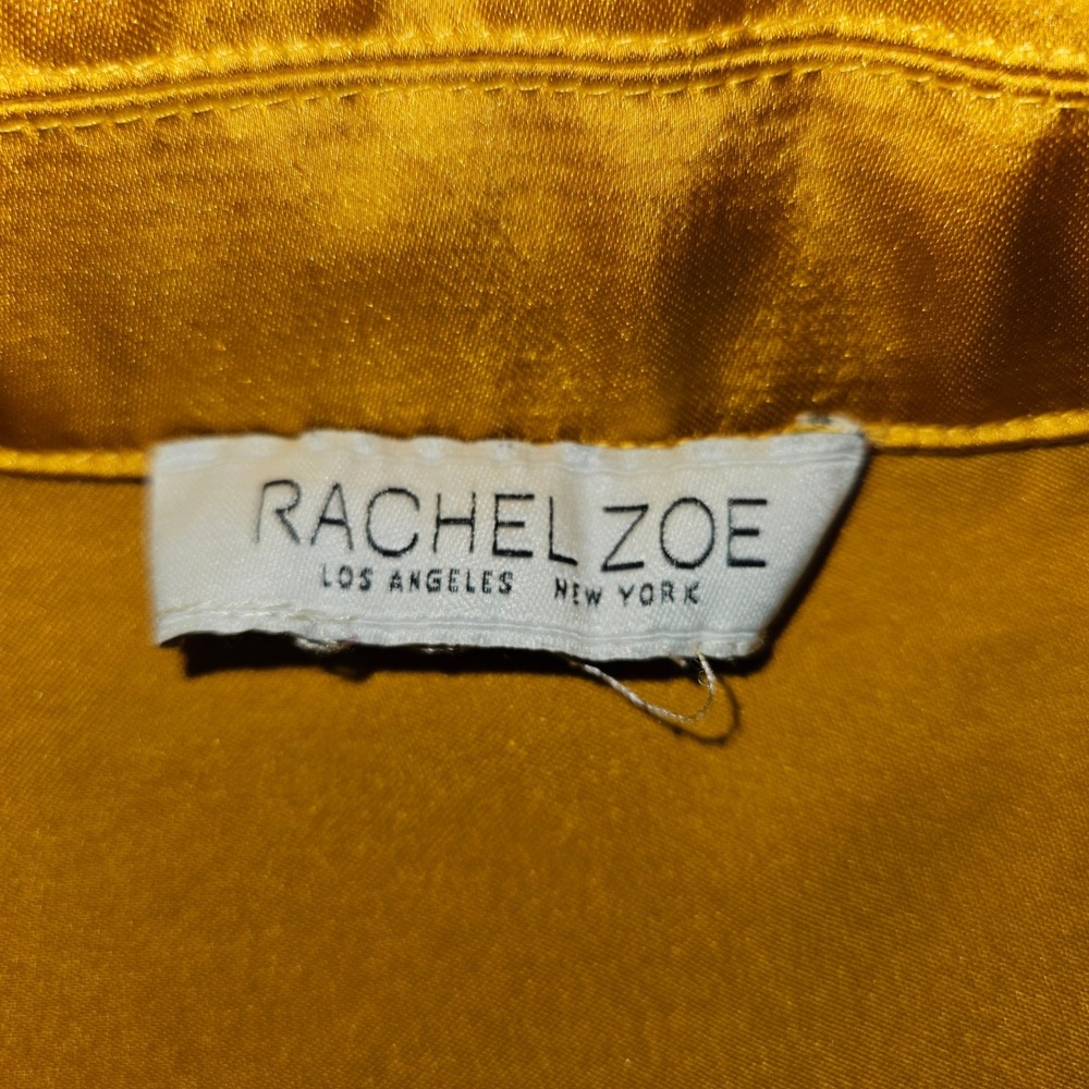 Rachel Zoe Mustard Gold Satin Button Down Blouse Short Sleeve Collared Top XL - Picture 3 of 7